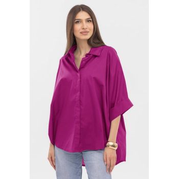 Camasa oversize mov zmeura din poplin de bumbac, cu maneca lunga