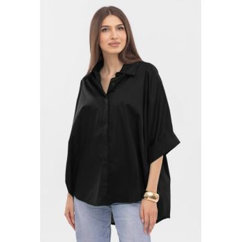 Camasa oversize neagra din poplin de bumbac, cu maneca lunga