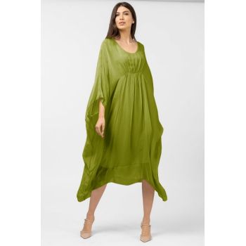 Rochie verde oliv in colturi, lunga, ampla, din matase naturala, cu detaliu sub bust