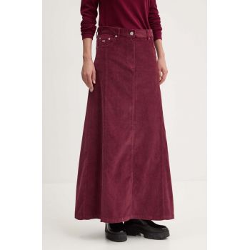 Tommy Jeans fusta din velur culoarea bordo, maxi, evazati, DW0DW18885