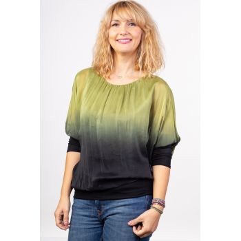 Bluza in degrade din matase naturala cu maneca lunga fluture si elastic la poale - verde praz negru