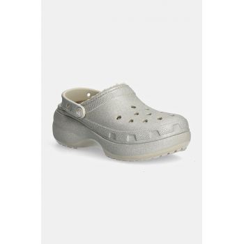 Crocs papuci Classic Platform Glitter Lined Clog W femei, culoarea argintiu, cu platforma, 210413