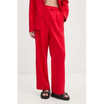 Never Fully Dressed pantaloni Red Sundazed Roamance arden Trousers femei, culoarea rosu, drept, high waist, NFDTR354