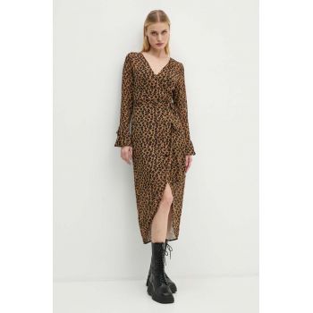 Never Fully Dressed rochie Leopard Sheer Wrap Dress culoarea maro, midi, evazati, NL28459