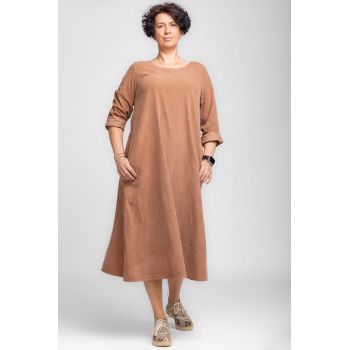 Rochie lunga din catifea reiata, A-line, camel