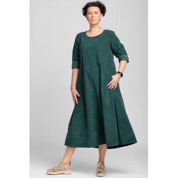 Rochie lunga din catifea reiata, A-line, verde inchis