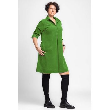 Rochie midi din catifea reiata cu guler camasa, verde olive