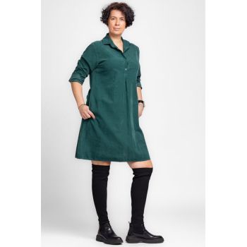 Rochie midi din catifea reiata cu guler camasa, verde