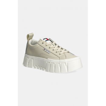 Tommy Jeans sneakers din piele TJW VULC FLATFORM LC LEATHER culoarea bej, EN0EN02610