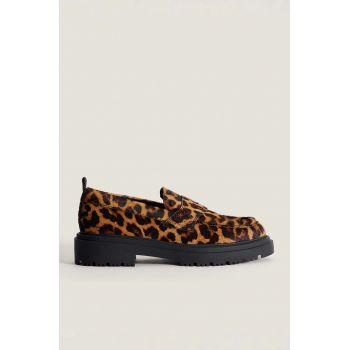 Hoff mocasini de piele LEOPARD MARRON femei, culoarea maro, cu toc plat, 22428004 SCHOOL