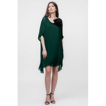 Rochie midi, dreapta, din matase naturala, cu funda pe spate, verde inchis