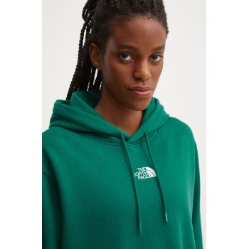 The North Face bluza Essential Crop Hoodie femei, culoarea verde, cu glugă, neted, NF0A89EXNL11