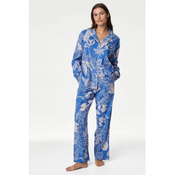 Pijama lunga din bumbac cu model tropical