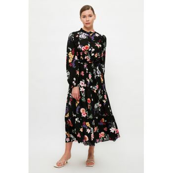 Rochie midi evazata cu guler Mao si model floral