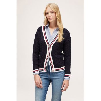 Cardigan cu model torsade si insertii cu dungi