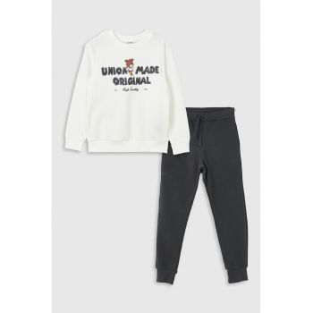 Set din amestec de bumbac cu bluza de trening si pantaloni de trening uni