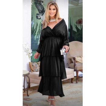 Rochie lunga suprapusa din matase, cu trei volane mari si maneca lunga, neagra