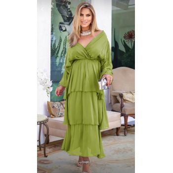 Rochie lunga suprapusa din matase, cu trei volane mari si maneca lunga, verde oliv