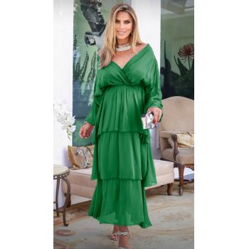 Rochie lunga suprapusa din matase, cu trei volane mari si maneca lunga, verde