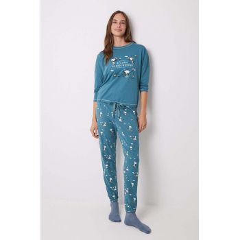 women'secret pijamale de bumbac Snoopy culoarea verde, bumbac, 3138560