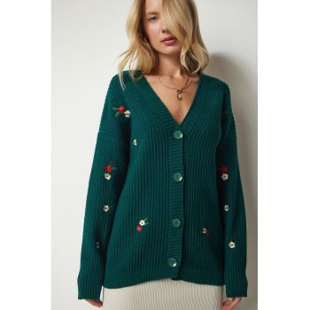 Cardigan cu decolteu in V si broderie florala