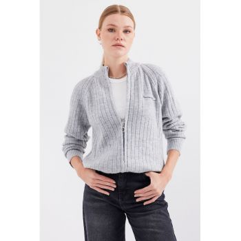 Cardigan cu fermoar si maneci raglan