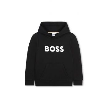 BOSS bluza copii culoarea negru, cu glugă, cu imprimeu, J51187