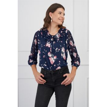 Bluza Daria bleumarin cu imprimeuri florale roz