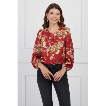 Bluza DY Fashion bordo cu imprimeuri florale si nasture la decolteu