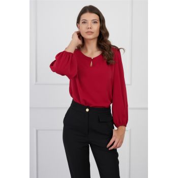 Bluza DY Fashion bordo si nasture la decolteu