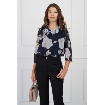 Bluza Milena bleumarin cu imprimeu floral gri