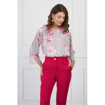 Bluza Milena gri cu imprimeu floral roz