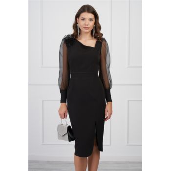 Rochie DY Fashion neagra cu maneci din organza si floare pe umar