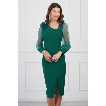 Rochie DY Fashion verde cu maneci din organza si floare pe umar