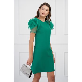 Rochie eleganta verde cu maneci din organza si flori maxi