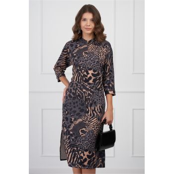 Rochie Iarina gri cu animal print maro si fermoar la bust