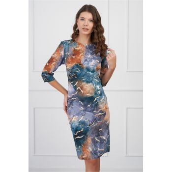 Rochie Ludmila verde petrol cu imprimeu galben