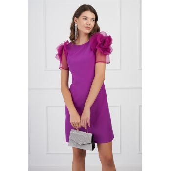 Rochie MBG magenta cu maneci din organza si flori maxi