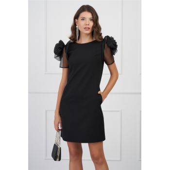 Rochie MBG neagra cu maneci din organza si flori maxi