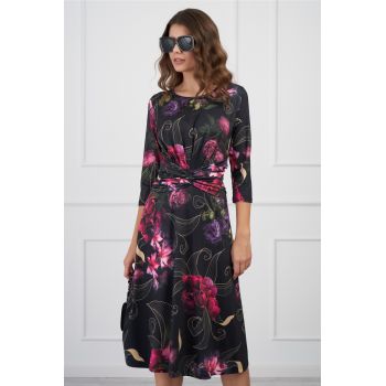 Rochie Sonia neagra cu flori fucsia