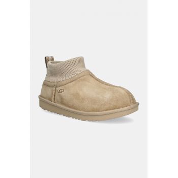 UGG cizme de zapada din piele intoarsa KIDS' CLASSIC ULTRA STRETCH CUFF culoarea bej, 1157702K