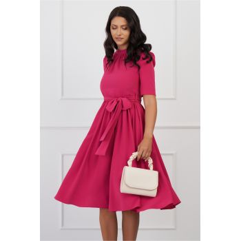 Rochie Dy Fashion fucsia cu pliuri la bust si cordon in talie