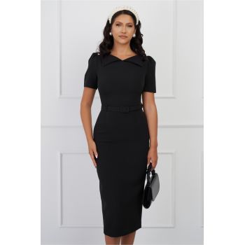 Rochie DY Fashion neagra cu guler ascutit si curea in talie