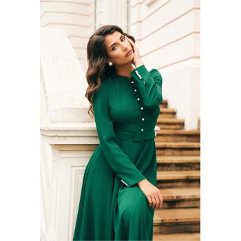 Rochie DY Fashion verde cu nasturi perlati si curea in talie