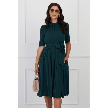 Rochie Dy Fashion verde cu pliuri la bust si cordon in talie