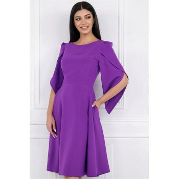 Rochie eleganta din stofa mov cu maneci evazate