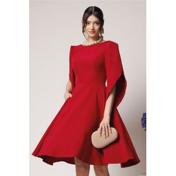 Rochie eleganta din stofa rosu zmeura cu maneci evazate