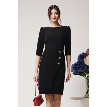 Rochie office din stofa neagra cu nasturi pe fusta