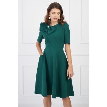 Rochie office din stofa verde cu funda maxi pe bust