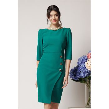 Rochie office din stofa verde cu nasturi pe fusta